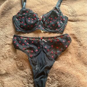 Elodie Black and Red Rosebud Embroidery Bra Set